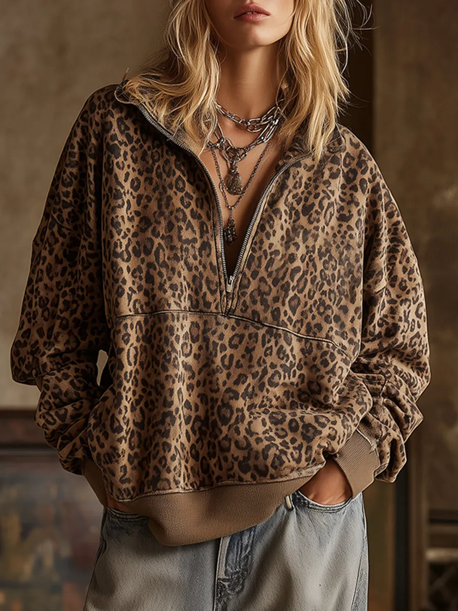 Trendy Sporty Half-Zip Loose Leopard Print Sweatshirt sold by Oyrosy