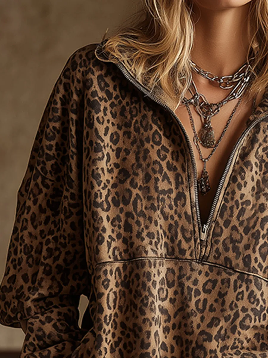 Trendy Sporty Half-Zip Loose Leopard Print Sweatshirt sold by Oyrosy product image thumbnail 3
