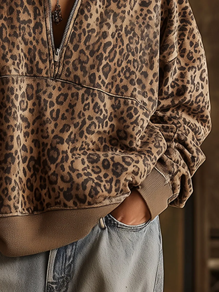 Trendy Sporty Half-Zip Loose Leopard Print Sweatshirt sold by Oyrosy product image thumbnail 4