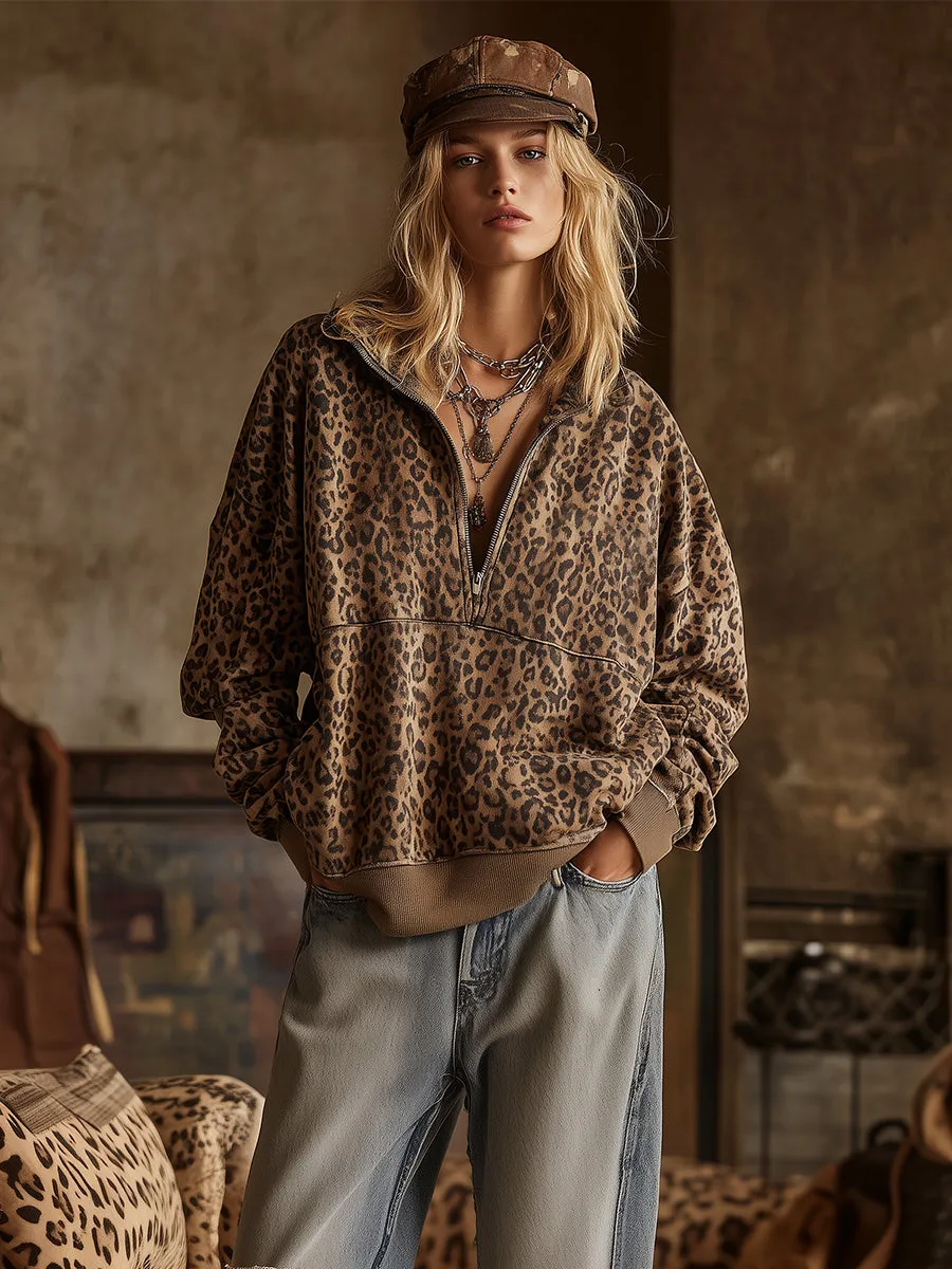 Trendy Sporty Half-Zip Loose Leopard Print Sweatshirt sold by Oyrosy product image thumbnail 2