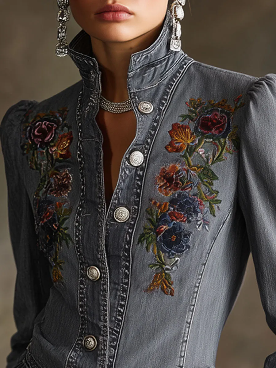 Casual Retro Floral Embroidered Ruffled Gray-blue Denim Jacket sold by Oyrosy product image thumbnail 3