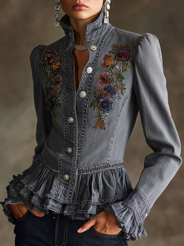 Casual Retro Floral Embroidered Ruffled Gray-blue Denim Jacket sold by Oyrosy