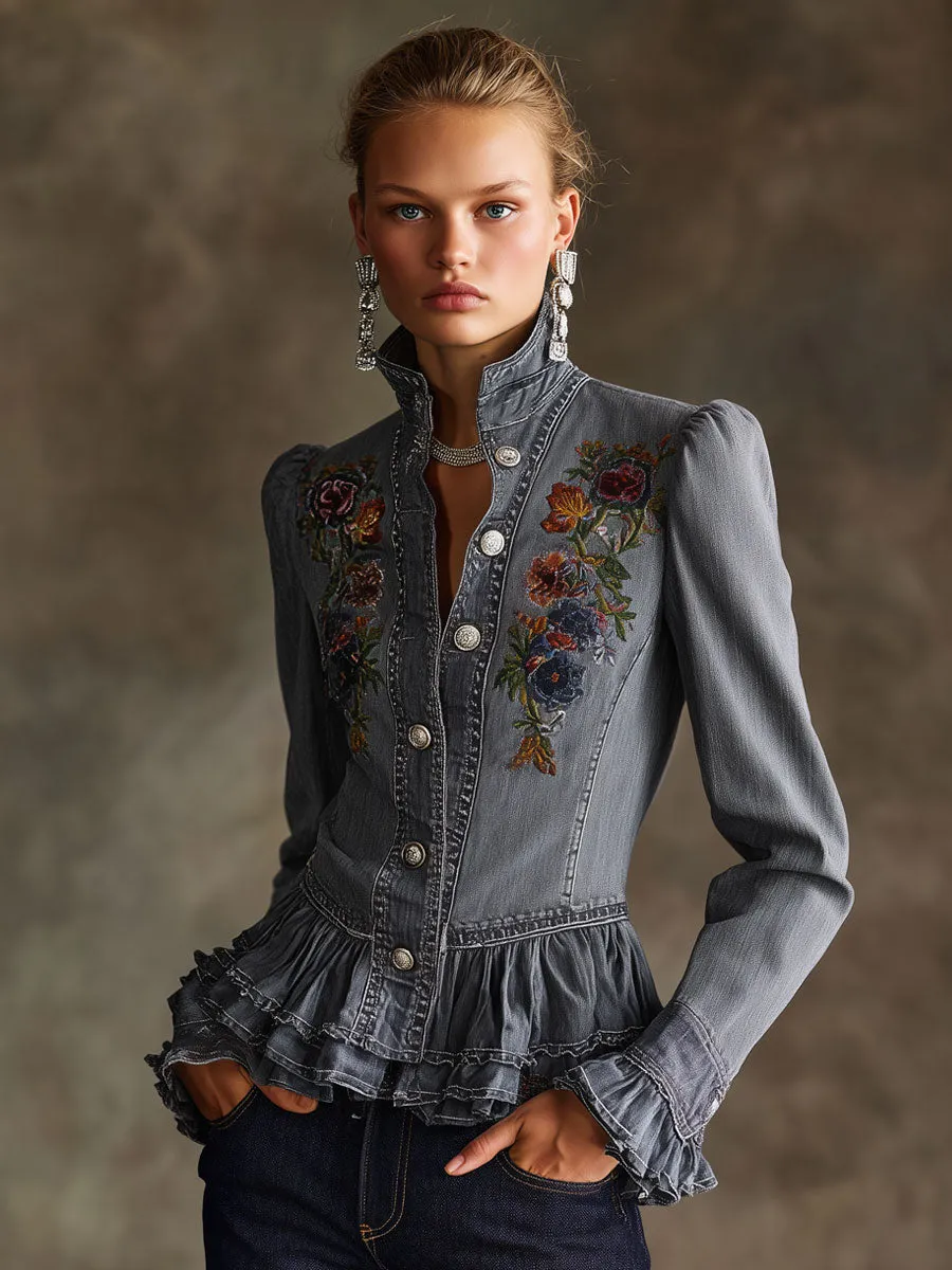 Casual Retro Floral Embroidered Ruffled Gray-blue Denim Jacket sold by Oyrosy product image thumbnail 2