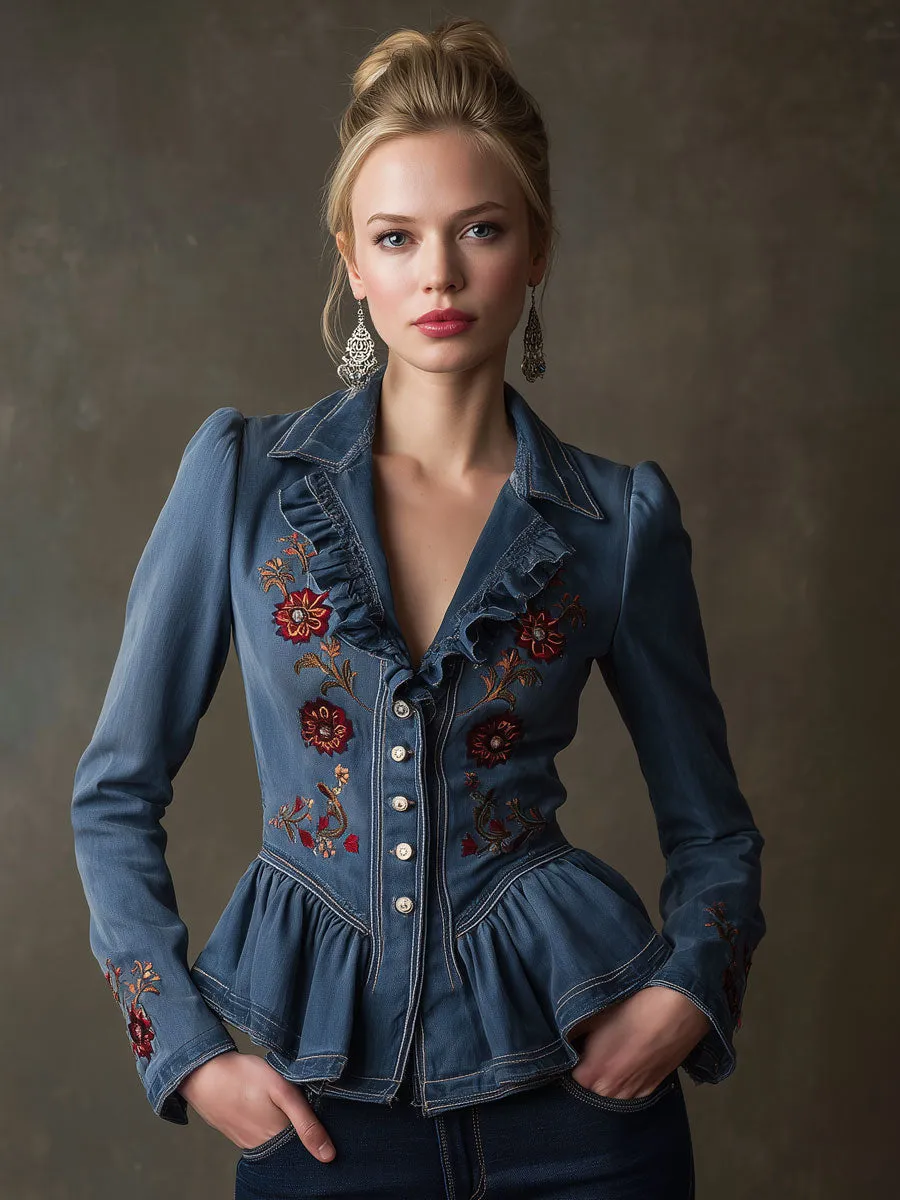 Fashionable Retro Floral Embroidered Ruffled Blue Denim Blazer sold by Oyrosy product image thumbnail 2