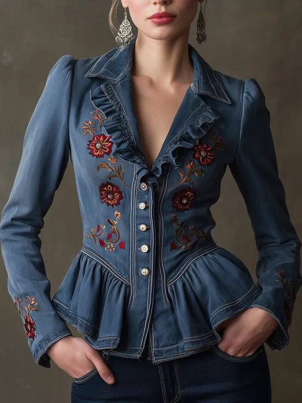 Fashionable Retro Floral Embroidered Ruffled Blue Denim Blazer sold by Oyrosy