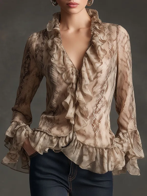 Fashionable Retro Snakeskin Light Camel Chiffon Ruffled Long-sleeved Shirt sold by Oyrosy