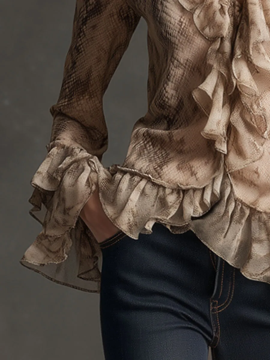 Fashionable Retro Snakeskin Light Camel Chiffon Ruffled Long-sleeved Shirt sold by Oyrosy product image thumbnail 4