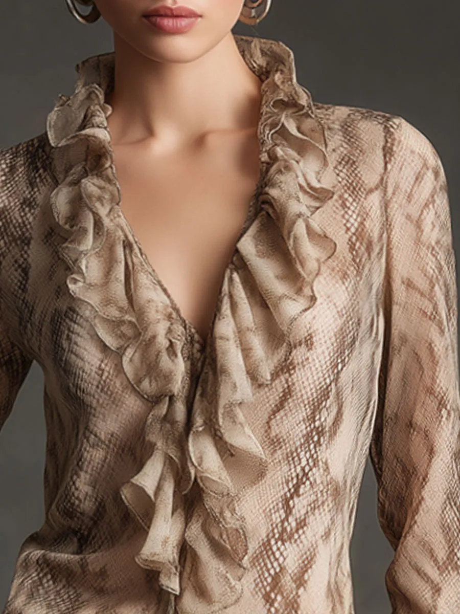 Fashionable Retro Snakeskin Light Camel Chiffon Ruffled Long-sleeved Shirt sold by Oyrosy product image thumbnail 3