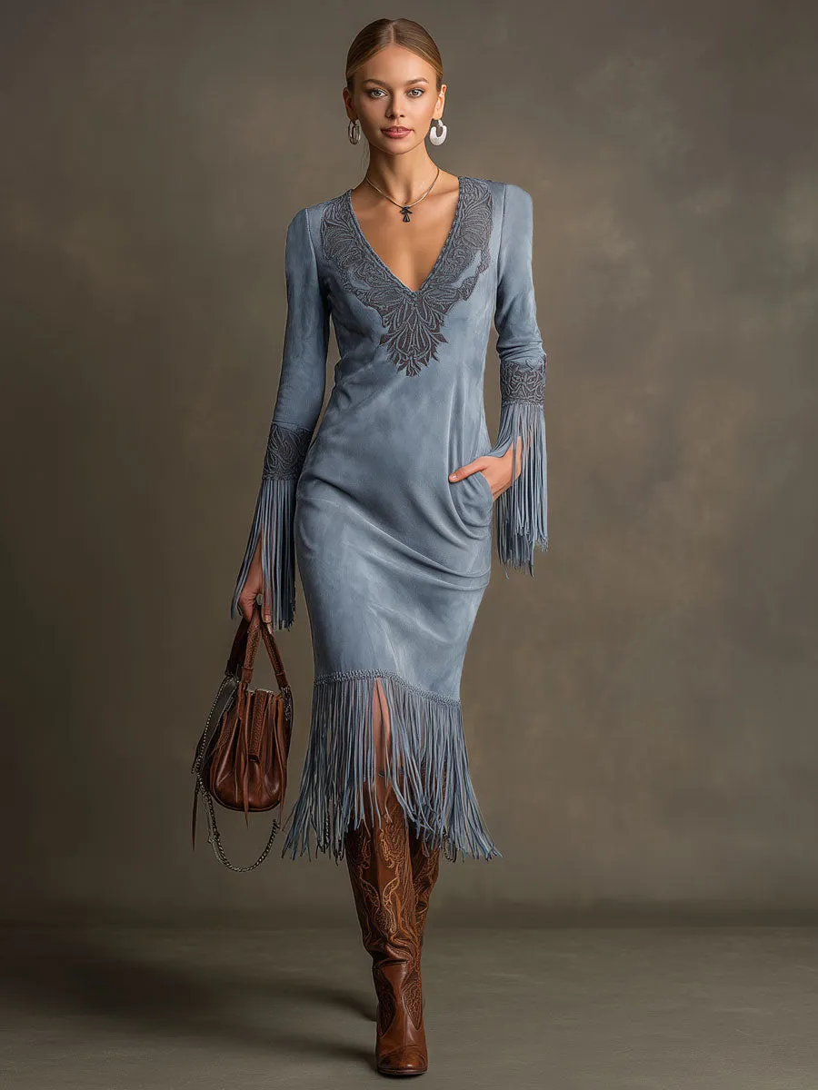 Western-style Retro Embroidered V-neck Tassel Long-sleeved Blue Faux Suede Midi Dress sold by Oyrosy product image thumbnail 2