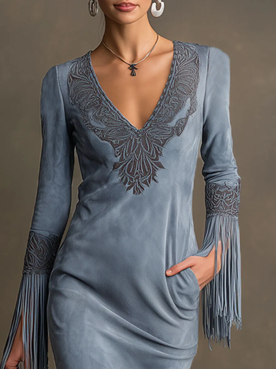 Western-style Retro Embroidered V-neck Tassel Long-sleeved Blue Faux Suede Midi Dress sold by Oyrosy product image thumbnail 3