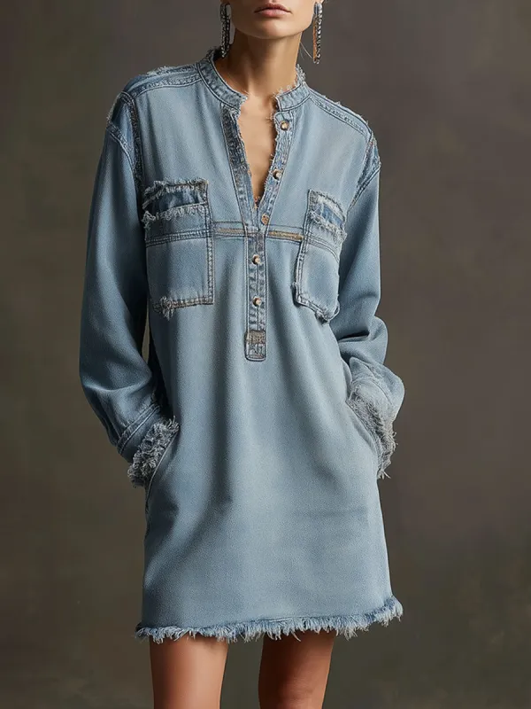 Casual Retro Light Blue Denim Frayed Long-sleeved Mini Dress sold by Oyrosy