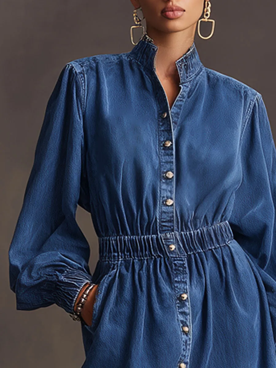 Casual Retro Long-sleeved Blue Denim Elastic Waist Cardigan Mini Dress sold by Oyrosy product image thumbnail 3