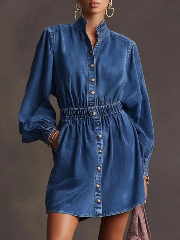 Casual Retro Long-sleeved Blue Denim Elastic Waist Cardigan Mini Dress sold by Oyrosy