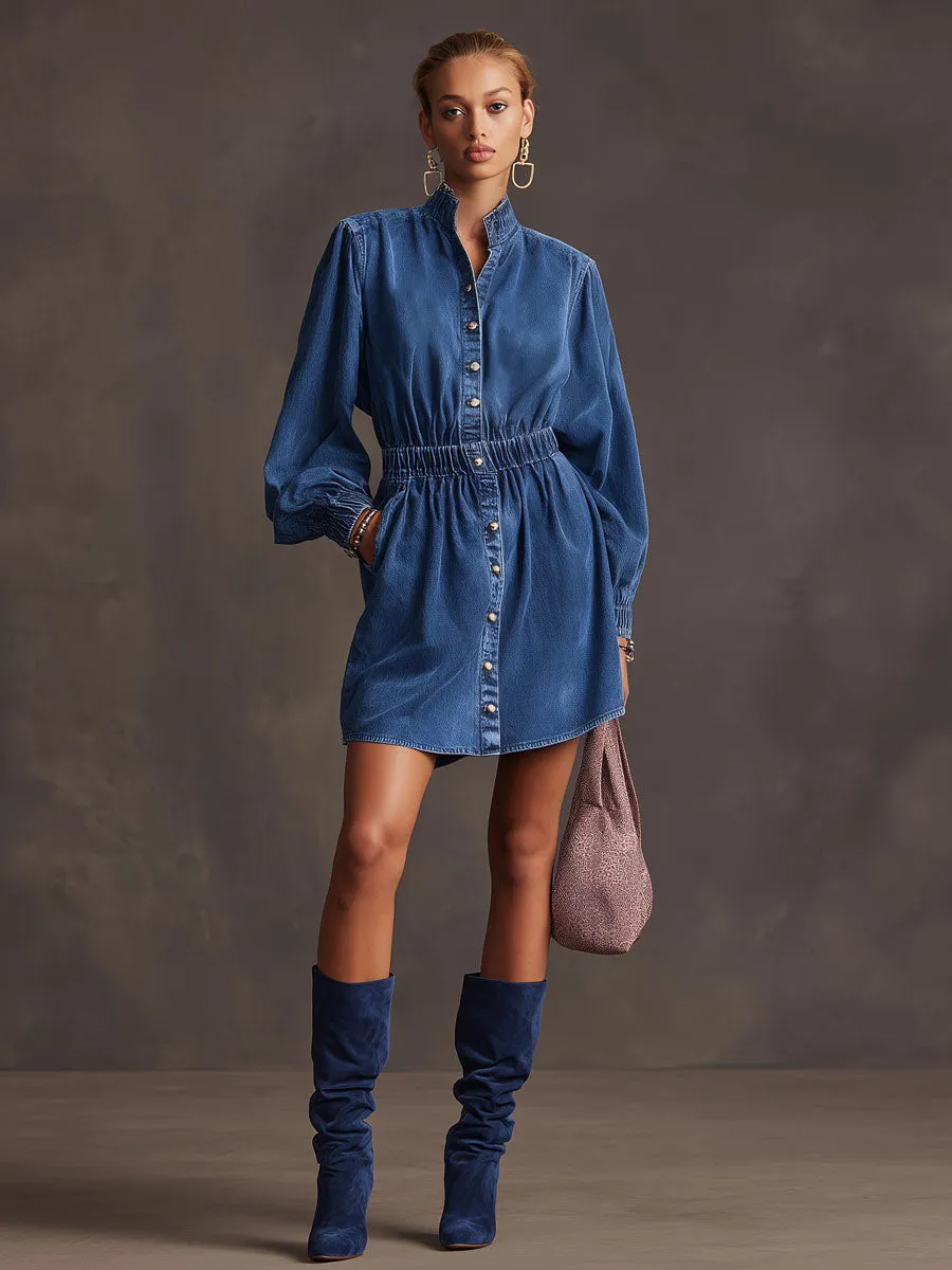 Casual Retro Long-sleeved Blue Denim Elastic Waist Cardigan Mini Dress sold by Oyrosy product image thumbnail 2