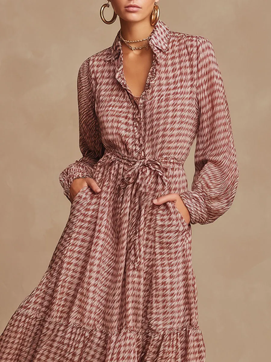Retro Pink Houndstooth Chiffon Elastic Waist Long Sleeve Maxi Dress sold by Oyrosy product image thumbnail 3