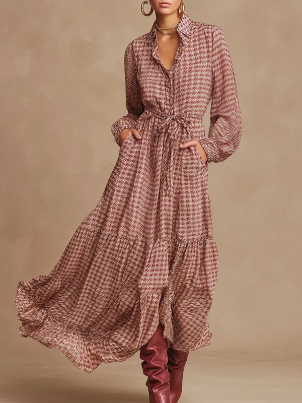 Retro Pink Houndstooth Chiffon Elastic Waist Long Sleeve Maxi Dress sold by Oyrosy