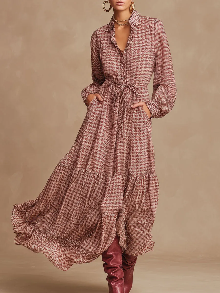 Retro Pink Houndstooth Chiffon Elastic Waist Long Sleeve Maxi Dress sold by Oyrosy