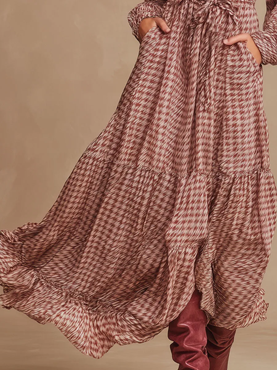 Retro Pink Houndstooth Chiffon Elastic Waist Long Sleeve Maxi Dress sold by Oyrosy product image thumbnail 4