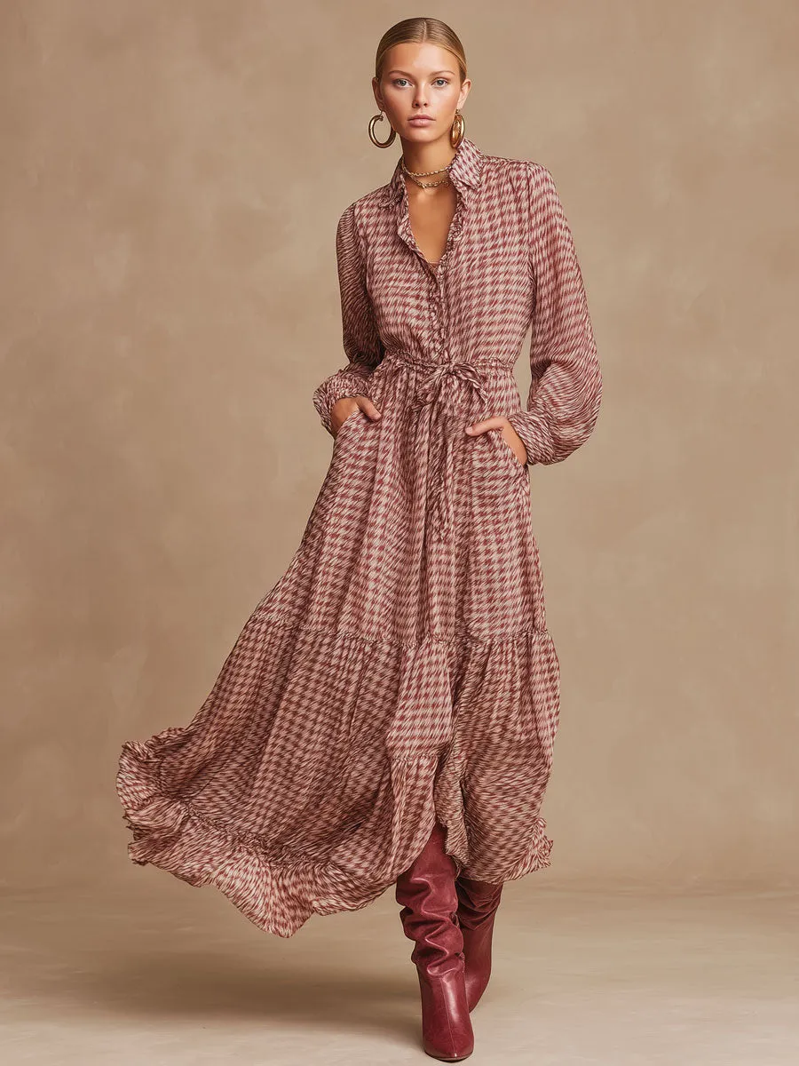 Retro Pink Houndstooth Chiffon Elastic Waist Long Sleeve Maxi Dress sold by Oyrosy product image thumbnail 2