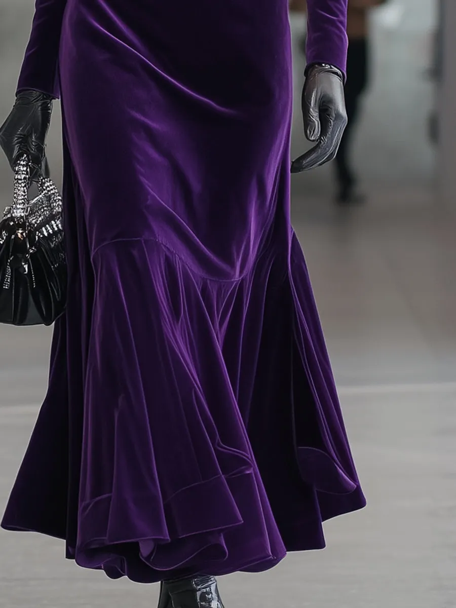 Classic Purple Velvet V-neck Patchwork Ribbon Maxi Dress sold by Oyrosy product image thumbnail 3