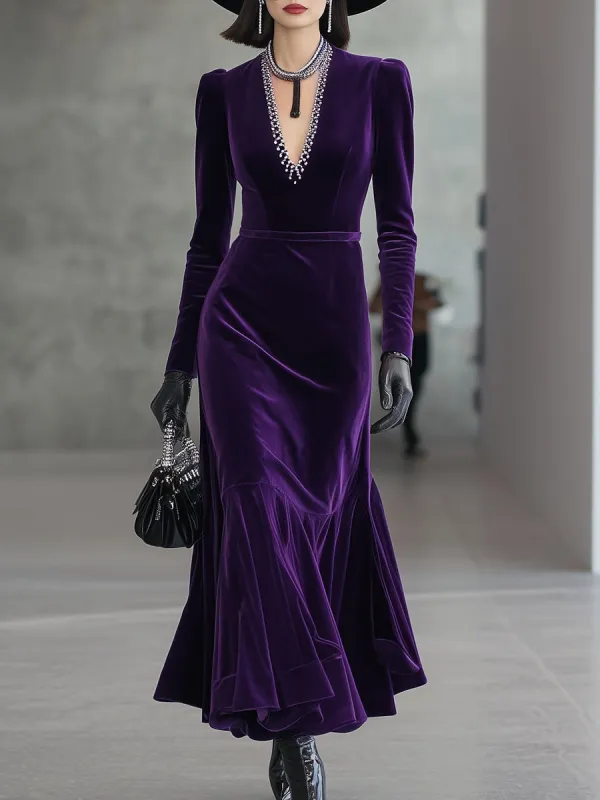 Classic Purple Velvet V-neck Patchwork Ribbon Maxi Dress sold by Oyrosy