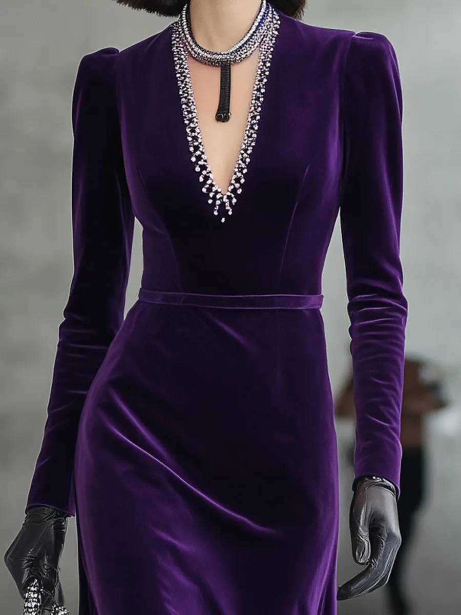 Classic Purple Velvet V-neck Patchwork Ribbon Maxi Dress sold by Oyrosy product image thumbnail 4