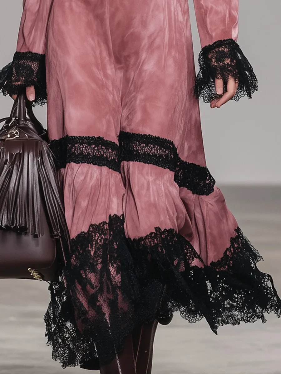 Western Pink Faux Suede Round Neck Hollow-Out Lace Maxi Dress sold by Oyrosy product image thumbnail 4