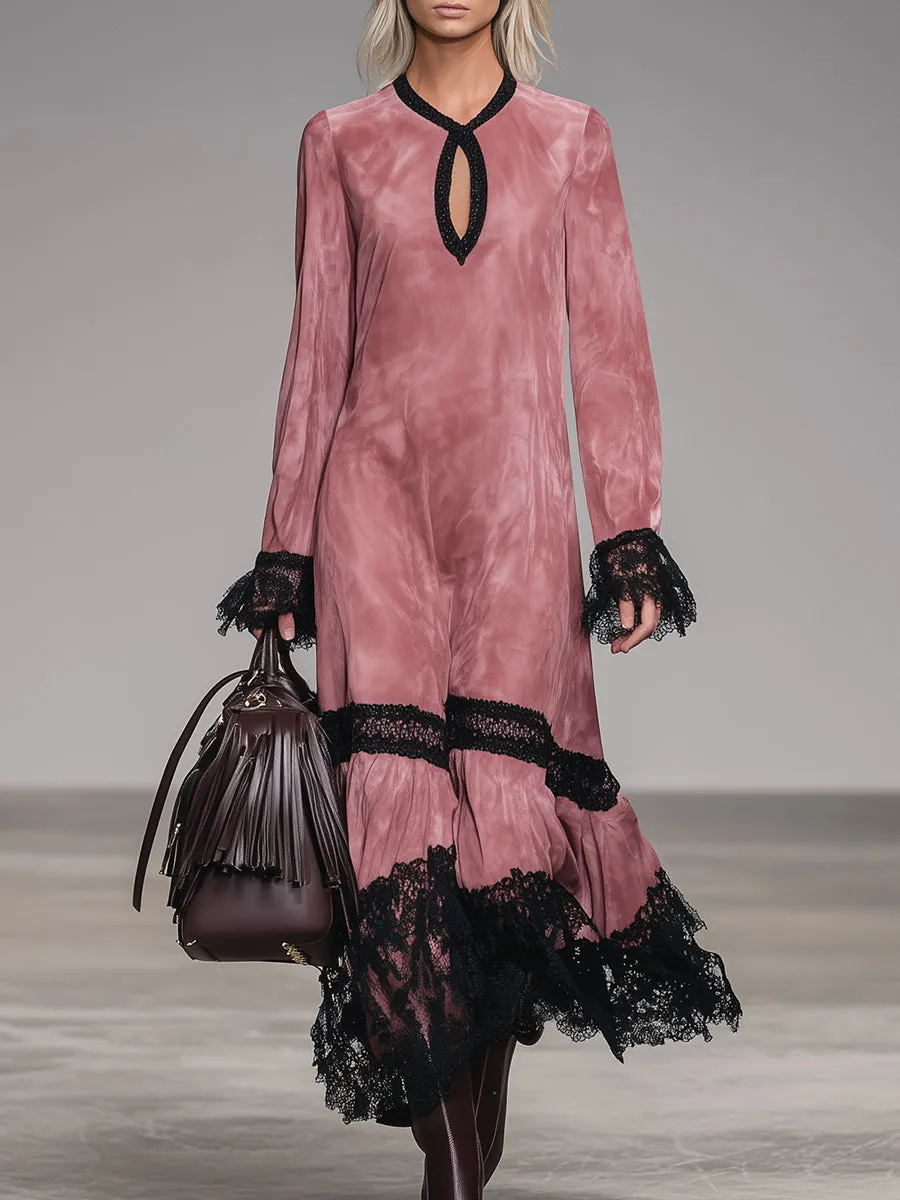 Western Pink Faux Suede Round Neck Hollow-Out Lace Maxi Dress sold by Oyrosy