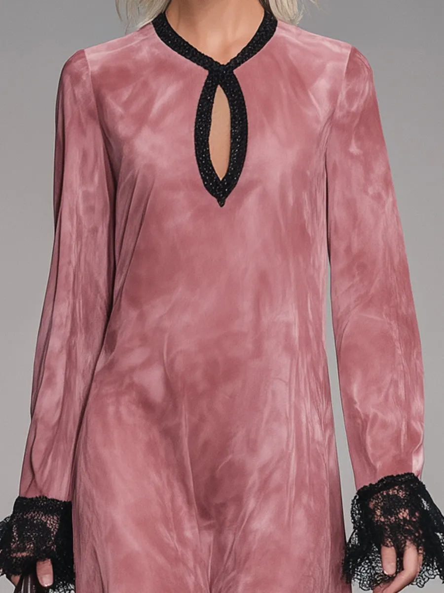 Western Pink Faux Suede Round Neck Hollow-Out Lace Maxi Dress sold by Oyrosy product image thumbnail 3