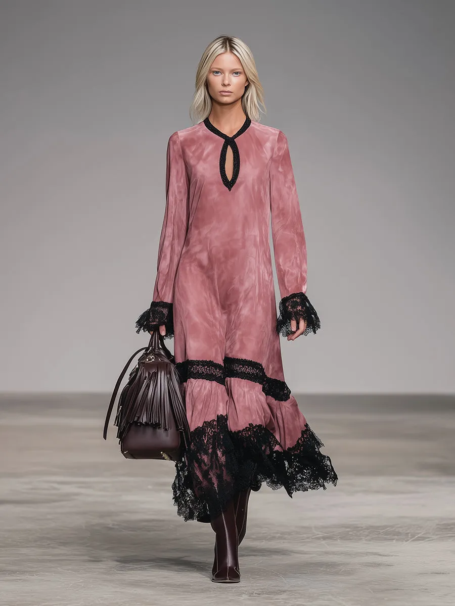 Western Pink Faux Suede Round Neck Hollow-Out Lace Maxi Dress sold by Oyrosy product image thumbnail 2