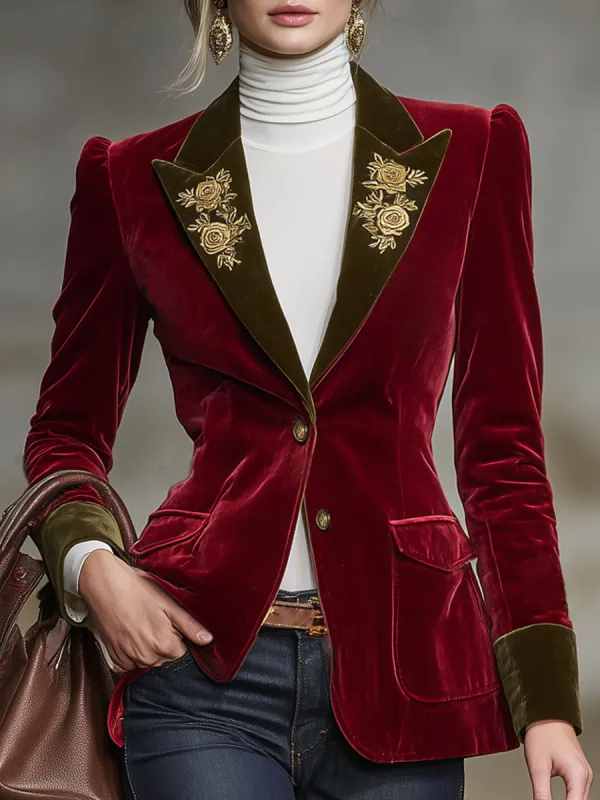 Color-blocked Velvet Patchwork Floral Embroidered Double-pocket Blazer sold by Oyrosy