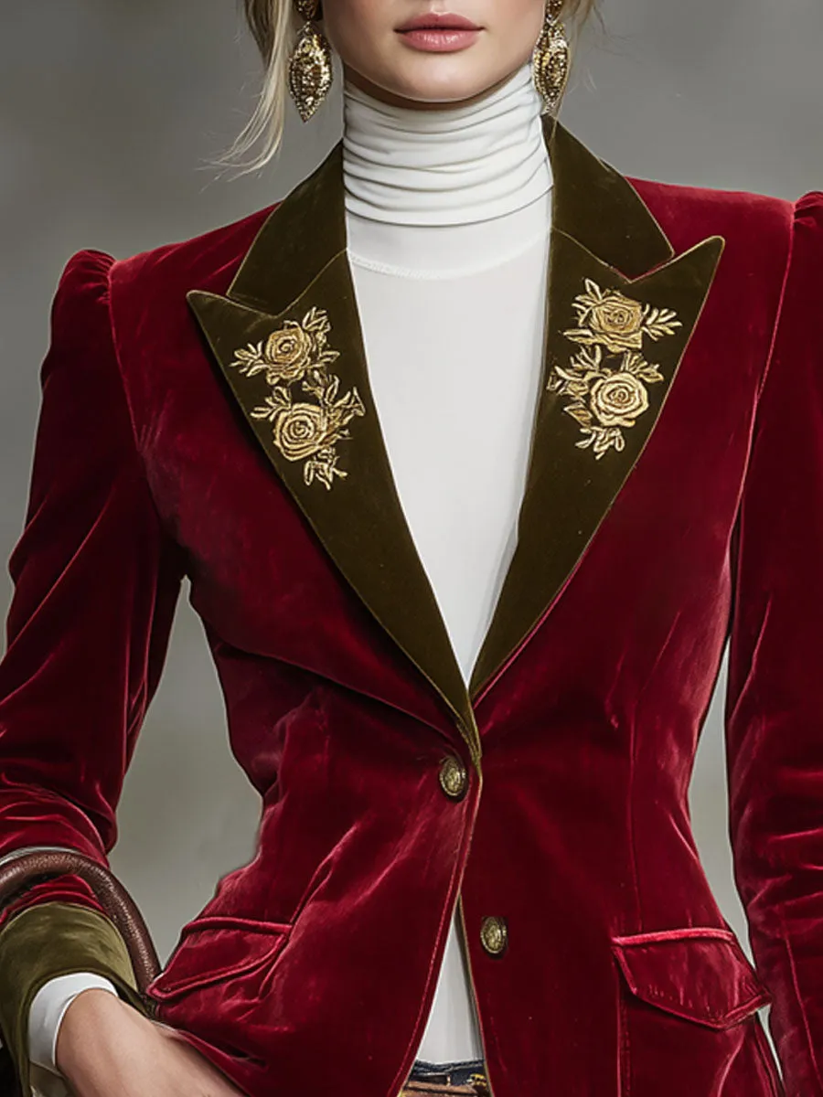 Color-blocked Velvet Patchwork Floral Embroidered Double-pocket Blazer sold by Oyrosy product image thumbnail 2