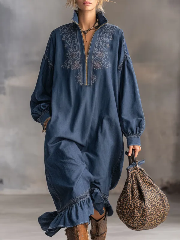 Retro Stand-up Collar Zipper Embroidered Ruffle Washed Denim Midi Dress sold by Oyrosy
