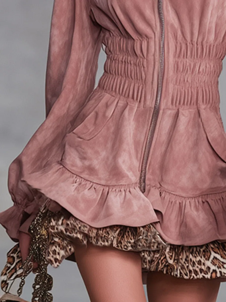 Western-style Hooded Zip-up Ruffled Leopard Print Faux Suede Mini Dress sold by Oyrosy product image thumbnail 3