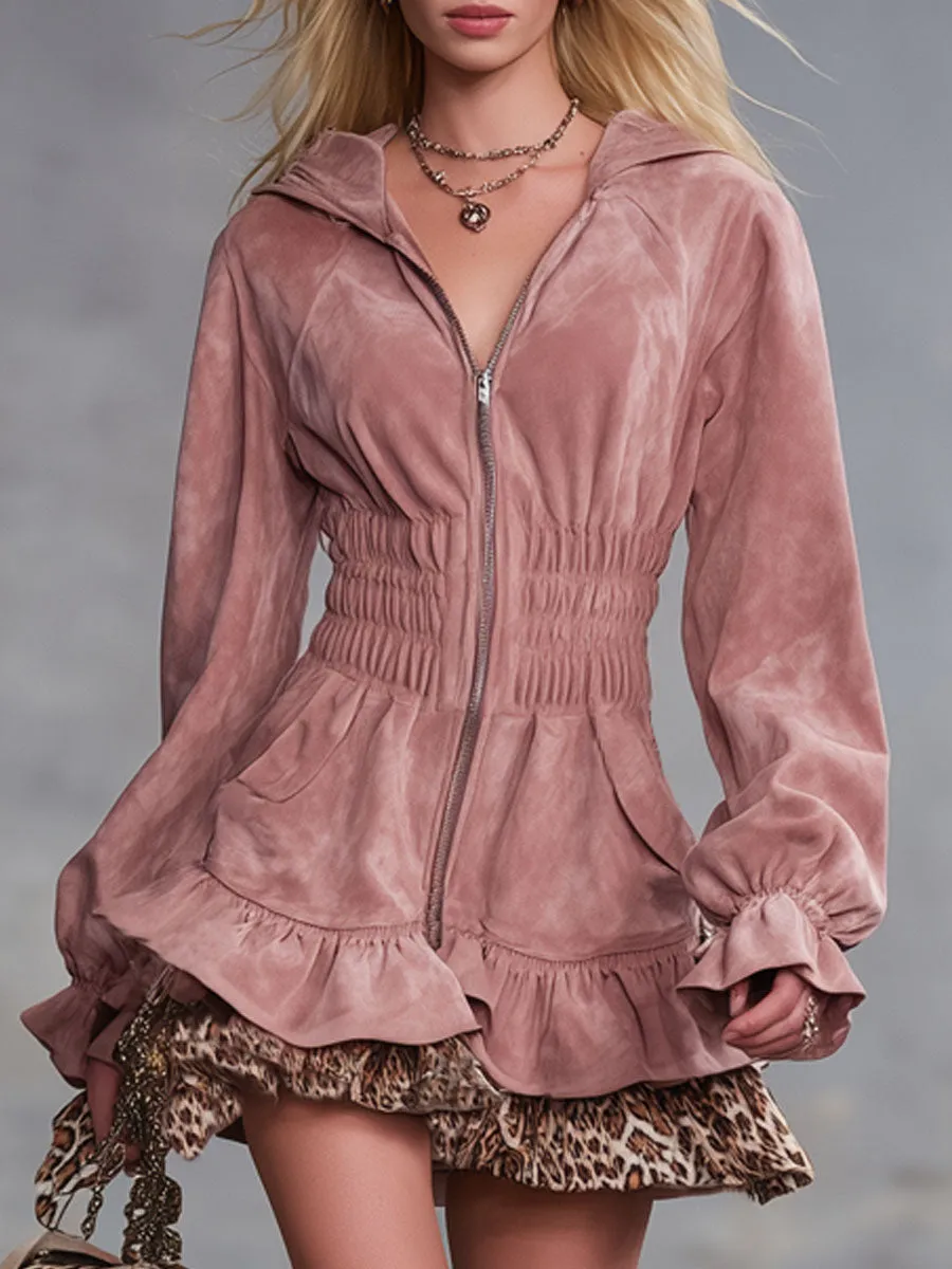 Western-style Hooded Zip-up Ruffled Leopard Print Faux Suede Mini Dress sold by Oyrosy