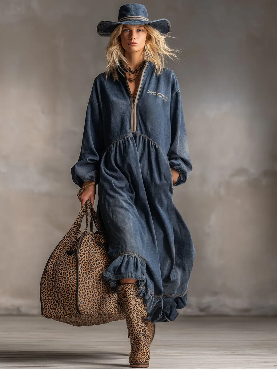 Retro Stand-up Collar Zipper Letter Embroidery Washed Denim Midi Dress sold by Oyrosy product image thumbnail 4