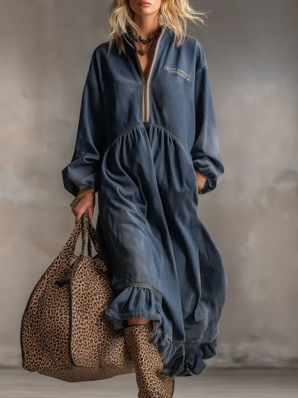 Retro Stand-up Collar Zipper Letter Embroidery Washed Denim Midi Dress made by Oyrosy