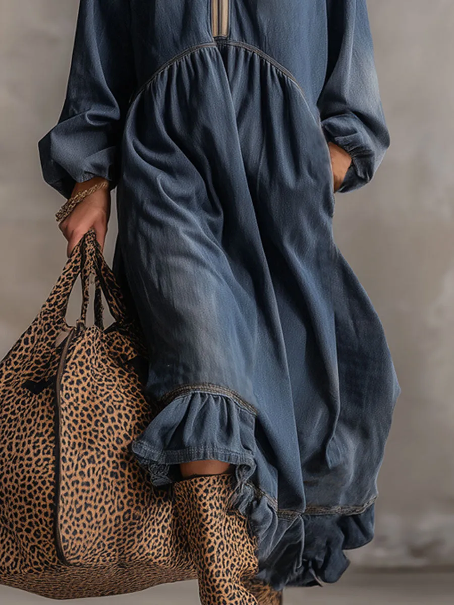 Retro Stand-up Collar Zipper Letter Embroidery Washed Denim Midi Dress sold by Oyrosy product image thumbnail 3