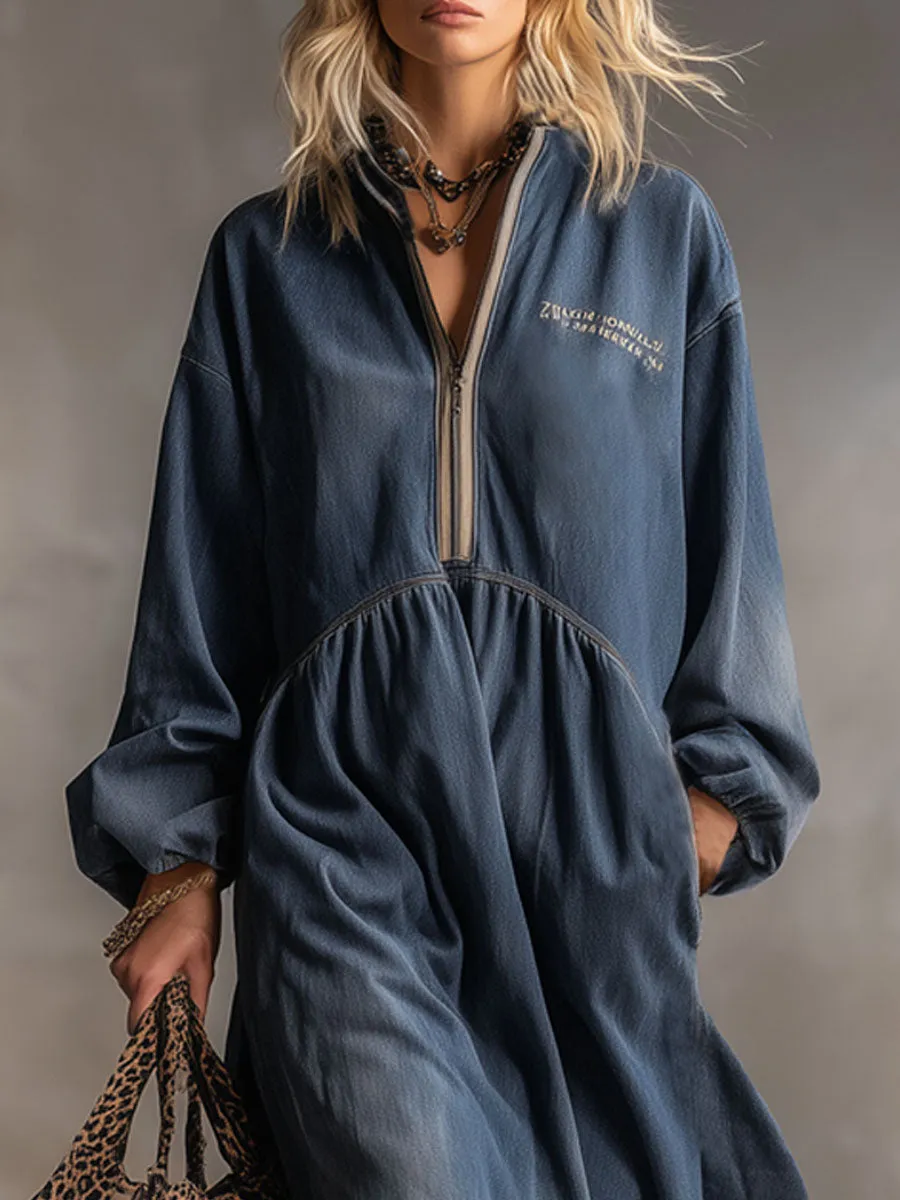 Retro Stand-up Collar Zipper Letter Embroidery Washed Denim Midi Dress sold by Oyrosy product image thumbnail 2