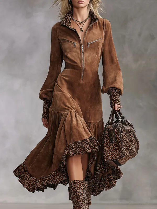 Western-style Stand-up Collar Zip-up Leopard Print Patchwork Faux Suede Midi Dress sold by Oyrosy