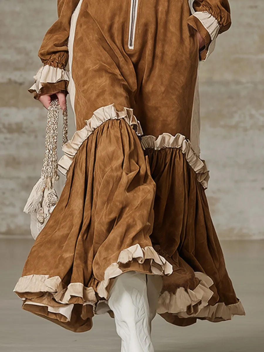 Western-style Lapel Zipper Color-blocked Faux Suede Maxi Dress sold by Oyrosy product image thumbnail 3