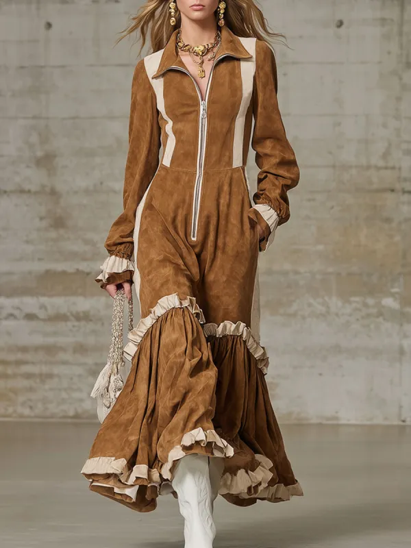 Western-style Lapel Zipper Color-blocked Faux Suede Maxi Dress sold by Oyrosy