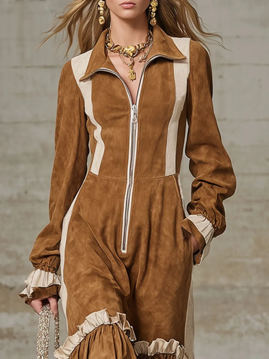 Western-style Lapel Zipper Color-blocked Faux Suede Maxi Dress sold by Oyrosy product image thumbnail 2