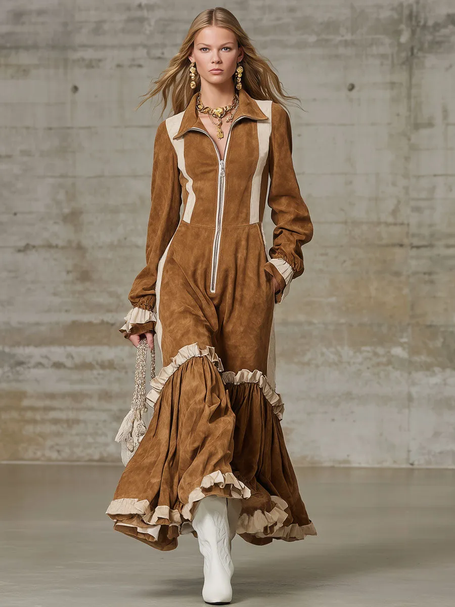 Western-style Lapel Zipper Color-blocked Faux Suede Maxi Dress sold by Oyrosy product image thumbnail 4