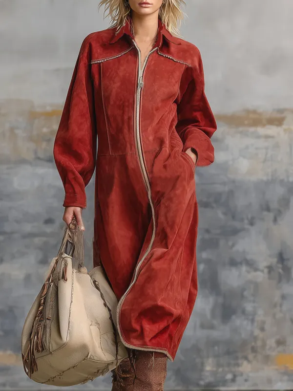 Western-style Lapel Zipper Color-blocked Faux Suede Midi Dress sold by Oyrosy