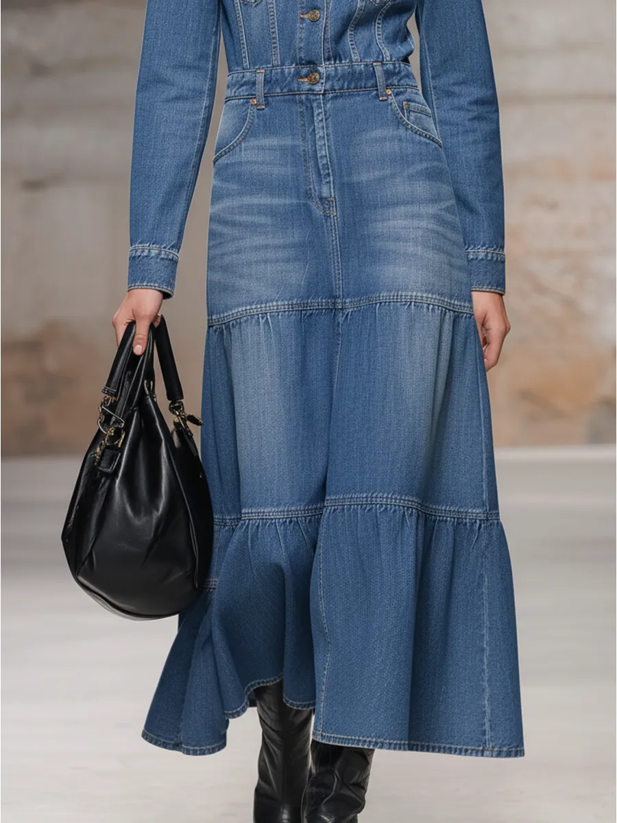 Casual And Stylish Lapel Blue Denim Maxi Dress sold by Oyrosy product image thumbnail 4