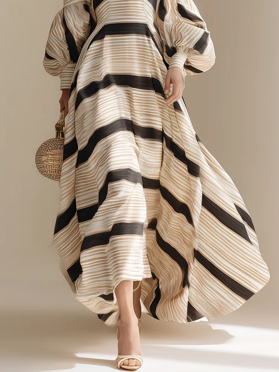 Chic And Effortless Black Striped Print Beige Chiffon Maxi Dress sold by Oyrosy product image thumbnail 4