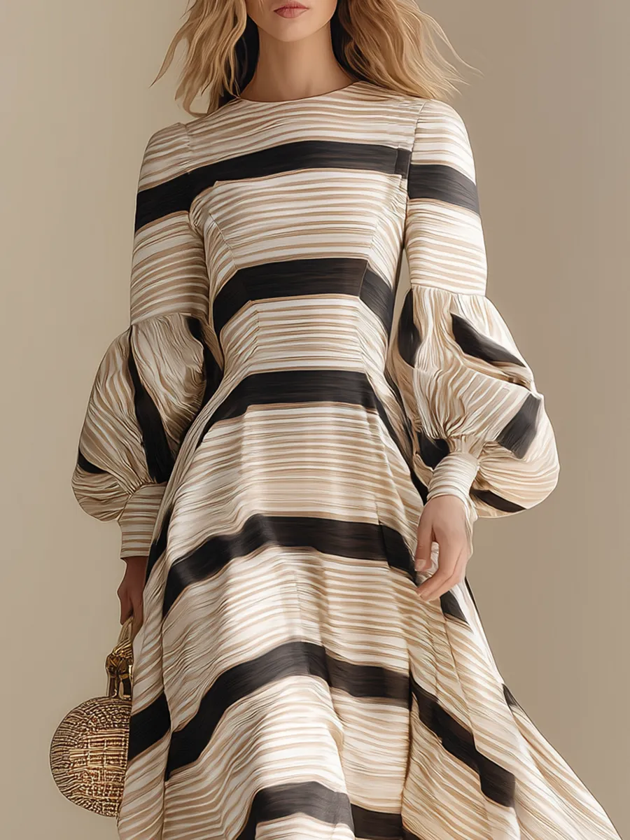 Chic And Effortless Black Striped Print Beige Chiffon Maxi Dress sold by Oyrosy product image thumbnail 3