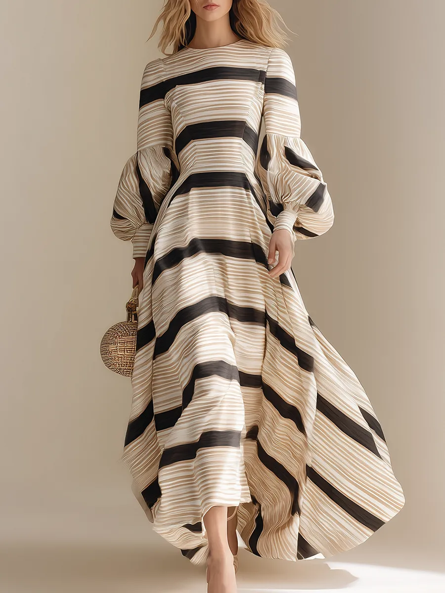 Chic And Effortless Black Striped Print Beige Chiffon Maxi Dress sold by Oyrosy