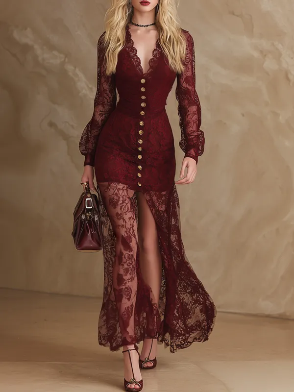 Elegant Party Dress With V-neck And Slit Hem Red Lace Maxi Dress sold by Oyrosy